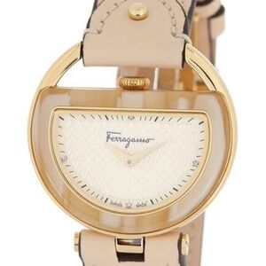 Salvatore Ferragamo Gold Watch with Beige Leather Strap